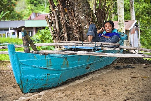 捕鱼者,手机,湾,苏门答腊岛,印度尼西亚
