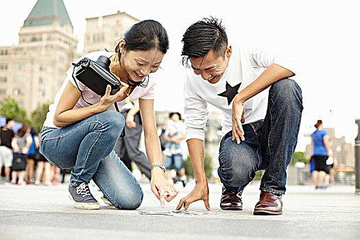 游客,情侣,俯视,人行道,拍摄,照片,外滩,上海,中国