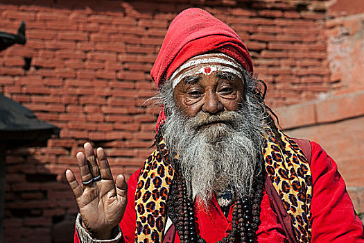 苦行僧,红色,缠头巾,衣服,头像,加德满都,尼泊尔,亚洲