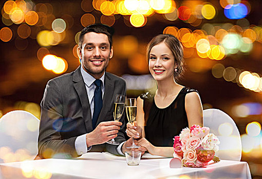 餐馆,情侣,假日,概念,微笑,玻璃,香槟,对视