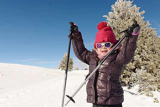 高兴,小女孩,滑雪,下坡