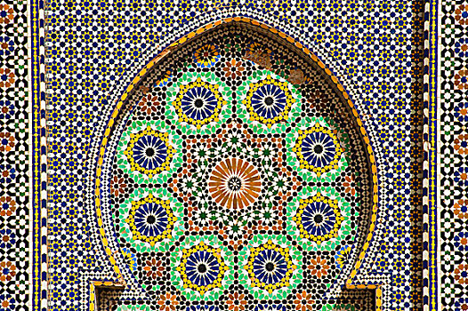 瓷砖,图案,贴砖工艺,喷泉,梅克内斯,摩洛哥,非洲
