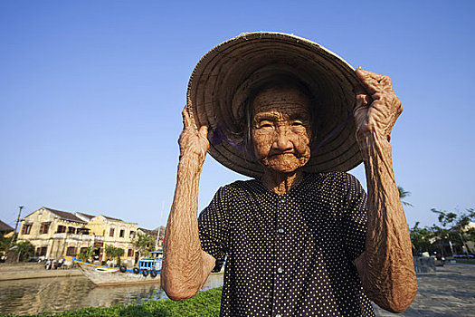 老年,女人,拿着,帽子,惠安,越南