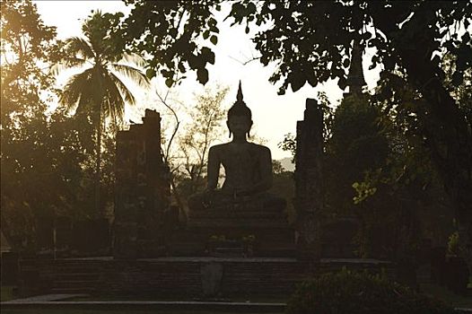 佛,雕塑,黄昏,寺院,皮质带,公园,素可泰,泰国