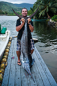男人,巨大,旗鱼,密克罗尼西亚,中心,太平洋