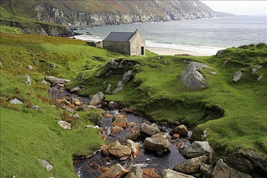 石头,屋舍,海岸,靠近,阿基尔岛,梅奥县,爱尔兰