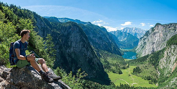 风景,湖,奧伯湖地区,远足,坐,石头,后面,瓦茨曼山,上巴伐利亚,巴伐利亚,德国,欧洲