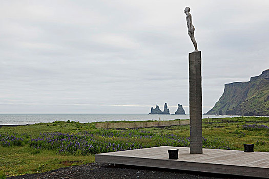 人,雕塑,基座,沿岸,悬崖,冰岛,维克,欧洲