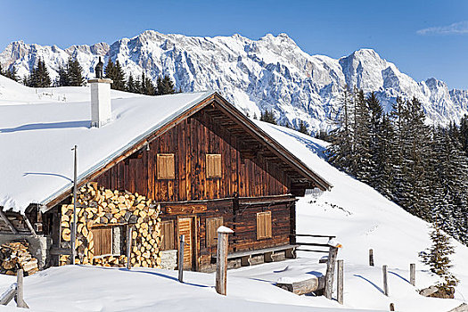 积雪,山,小屋,山峦,背景,奥地利