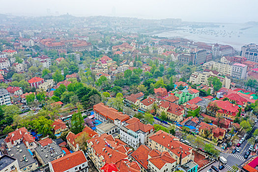 航拍山东青岛市南区城市红瓦绿树风光美景