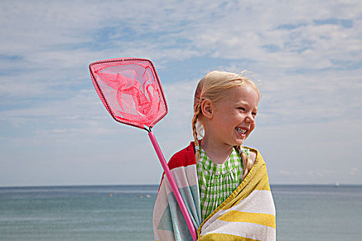 女孩,沙滩巾,肩部,小,渔网
