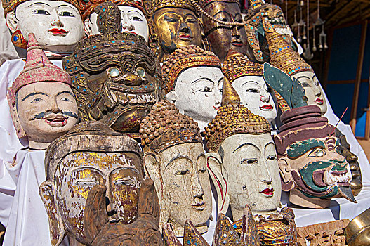 木质,佛,面具,手工制作,纪念品,市场,蒲甘,缅甸