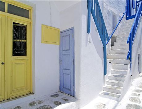 黄色,蓝色,木质,门,楼梯,阶梯,栏杆,米克诺斯岛,基克拉迪群岛,希腊,欧洲