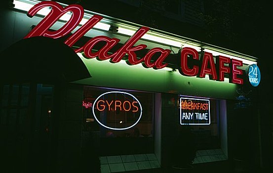 霓虹标识,餐馆,布拉卡区,咖啡,底特律,密歇根,美国