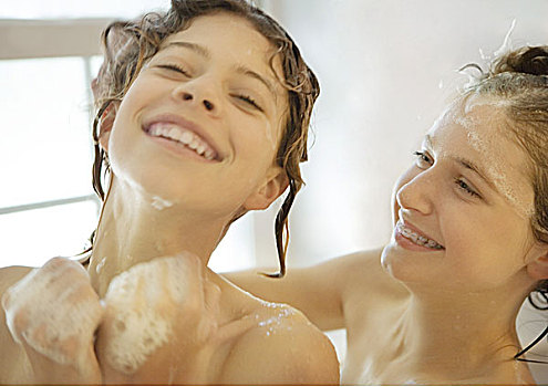 两个,女童,淋浴,笑