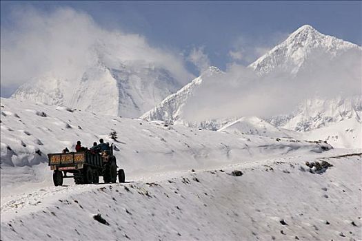 卡车,驾驶,雪,山路,尼泊尔,亚洲
