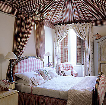 卧室,传统,英国,郊区住宅,天花板,床,小,篷子