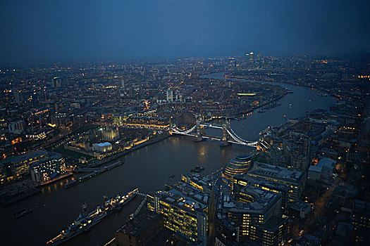 俯视,城市,泰晤士河,塔桥,夜晚,伦敦,英格兰,英国