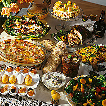 复活节自助餐,沙拉,烤,肉,脆皮焦层,蛋,蛋糕