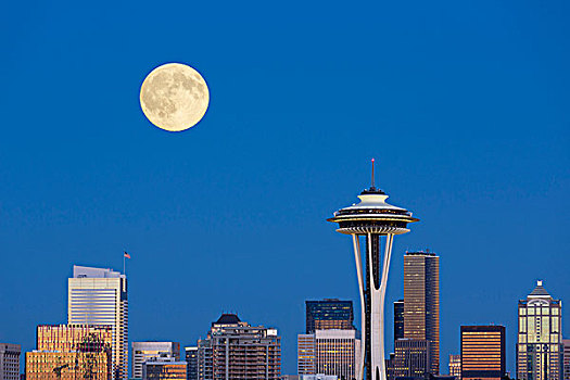 西雅图,天际线,风景,公园,满月,合成效果,图像,月亮