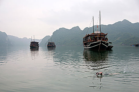 船,湾,下龙湾,越南