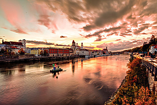 风景,上方,多瑙河,帕绍,老城,傍晚,下巴伐利亚,巴伐利亚,德国,欧洲