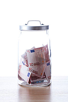 玻璃,罐,欧元,钞票,白色背景