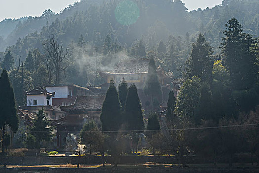 树,蓝,背景,池塘,倒影,烟,枯枝,寺庙,太阳,阳光,水,岸,淤泥,泥潭,村庄,山岗