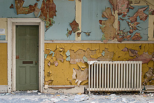 废弃,室内,墙壁,衰败,蓝色,黄色,壁纸,落下,绿色,门,白色,暖气,梅德斯通,医院,2007年