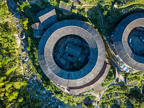 航拍中国福建初溪客家土楼群