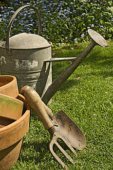 英格兰,北约克郡,洒水壶,手铲,耙,粘土,花盆,花园