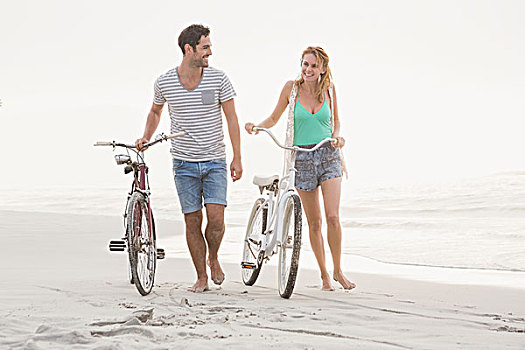 可爱,情侣,走,靠近,自行车,海滩