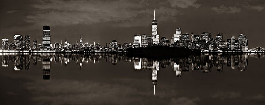 纽约,夜晚,全景,城市,建筑,反射