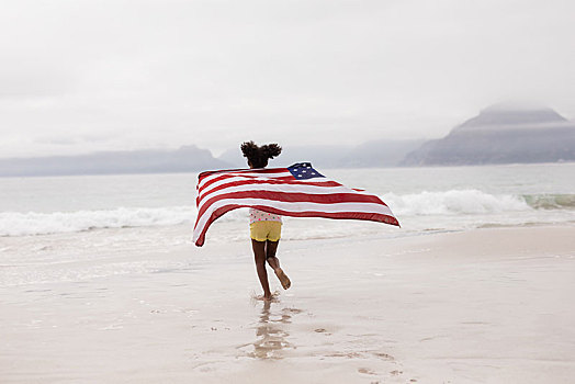 女孩,跑,美国国旗,海滩