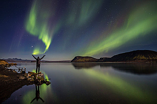 女人,享受,风景,北极光,湖,冰岛,国家公园,世界遗产