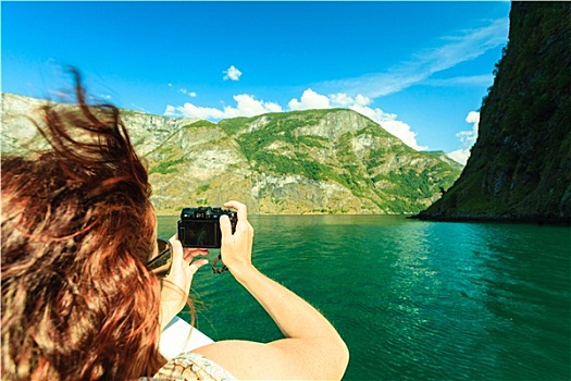 旅游,女人,相机,船,峡湾,挪威