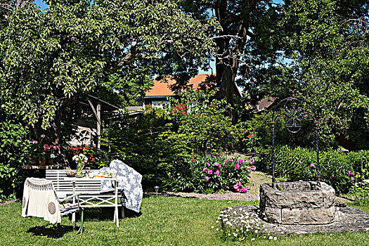 休息区,花园,白色,座椅,晴朗,老,泵,石头