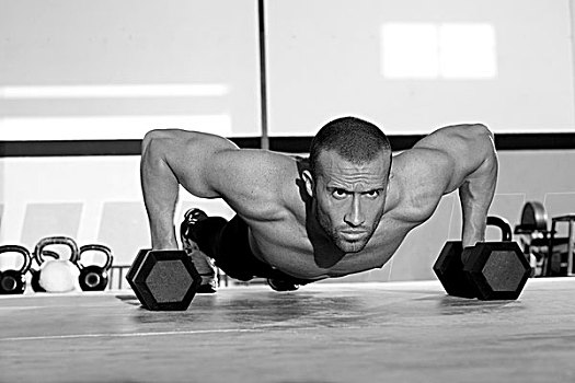 健身房,男人,俯卧撑,力量,训练,哑铃,锻炼