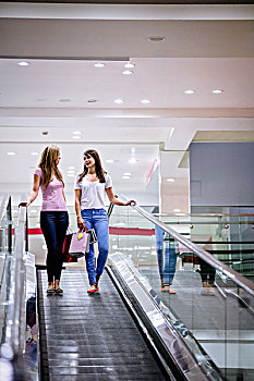 两个,美女,女人,扶梯,购物中心,购物袋
