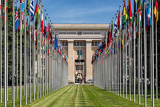 旗帜,正面,宫殿,联合国,万国宫,日内瓦,瑞士,欧洲