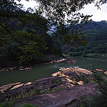 福建,武夷山,全景,群山,河流,白云,蓝天,世界遗产地,漂流,观音峰,玉女峰,鹰嘴峰