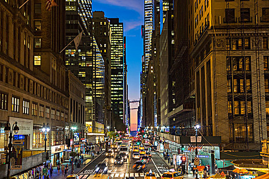 风景,曼哈顿,道路,纽约,美国,黄昏,看,南,摩天大楼,排列,热闹街道
