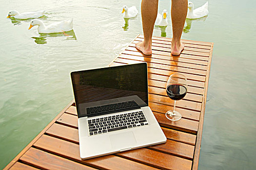 站立,男人,湖,码头,笔记本电脑,葡萄酒杯,前景