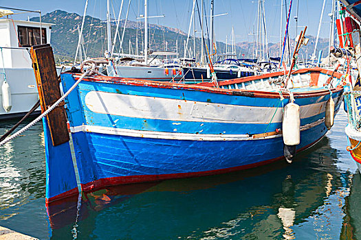 小,蓝色,白色,木质,渔船,停泊,普丽亚挪,城镇,科西嘉岛,法国