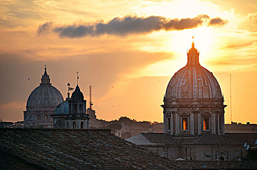 日落,屋顶,风景,圆顶,罗马,意大利