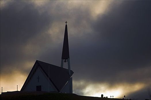 冰岛,风暴,夏天,早晨,教堂,乡村,靠近,雷克雅未克,首府,轮廓,日出