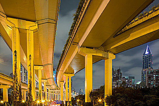 中国,上海,高耸,高架路,高速公路,城市天际线,远景,秋天,晚间