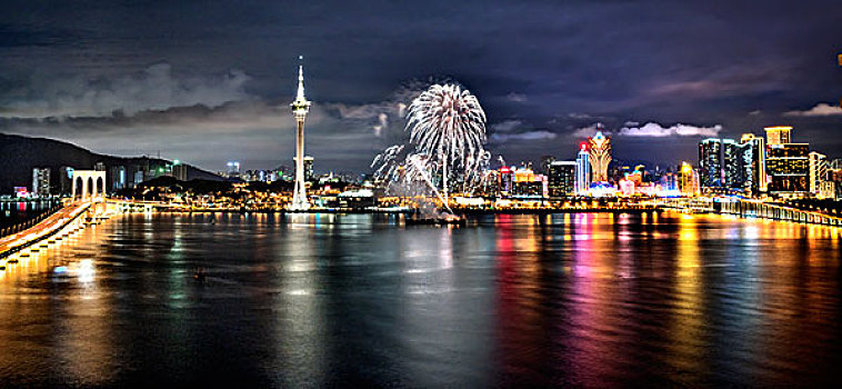 澳门,海面,夜景,灯光,大桥,烟花