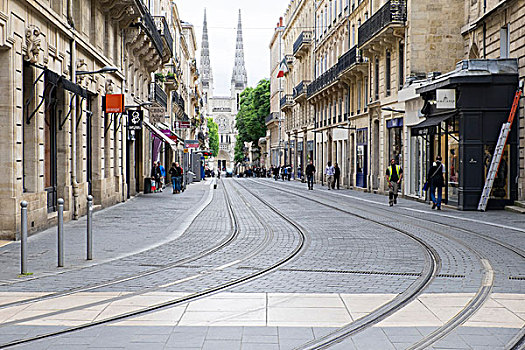 法国,波尔多,有轨电车,街道,行人,购物,区域