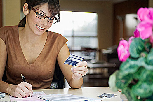 女人,文字,帐单,拿着,信用卡